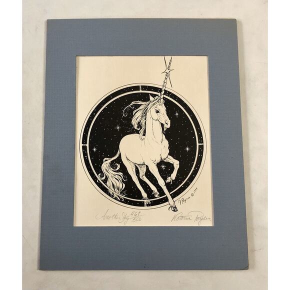 Vintage Unicorn 1978 Art Print Fantasy Star Sky Original Signed Victoria Poyser